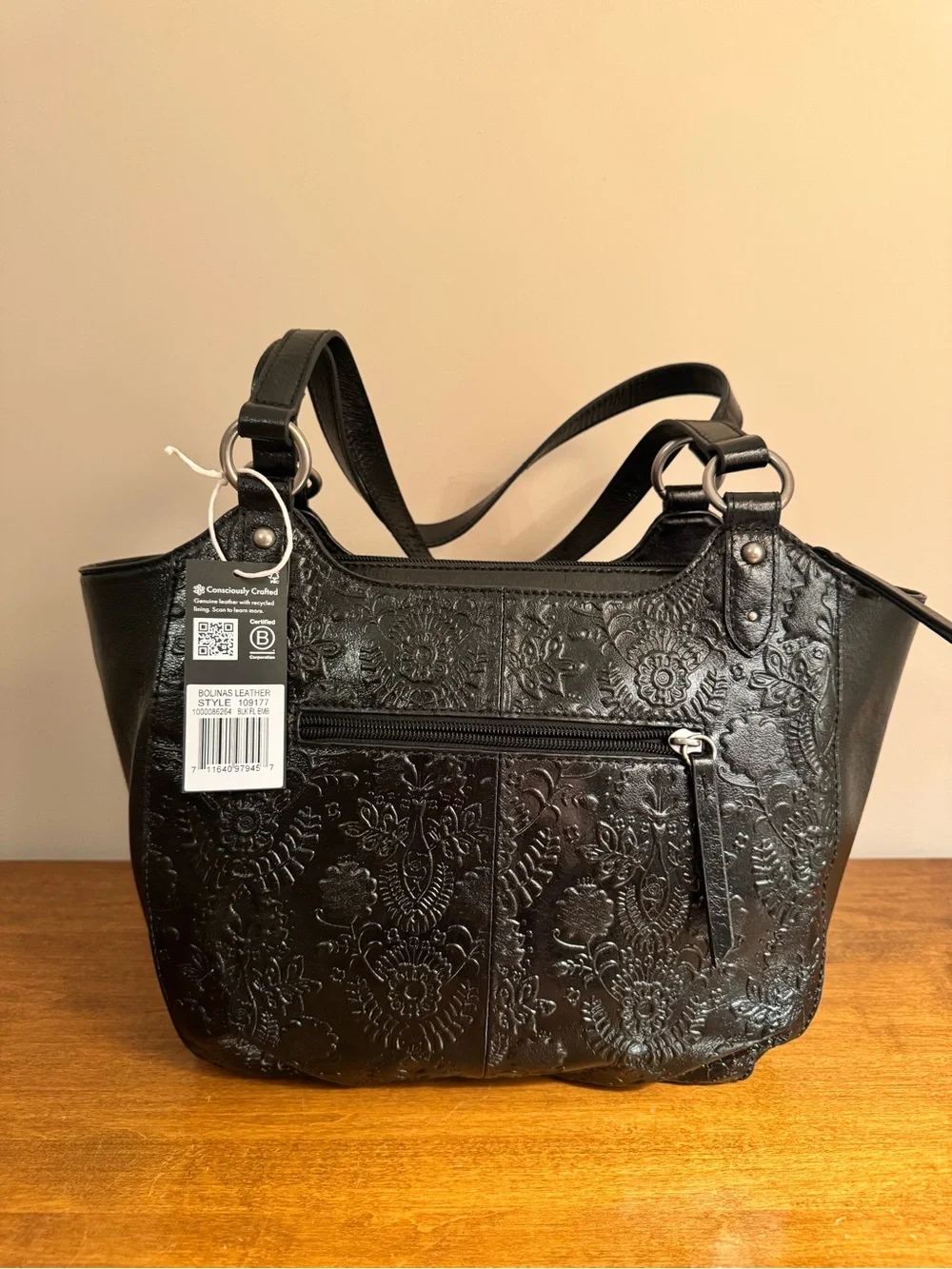 The Sak Bolinas Satchel in Black Floral Embossed Leather